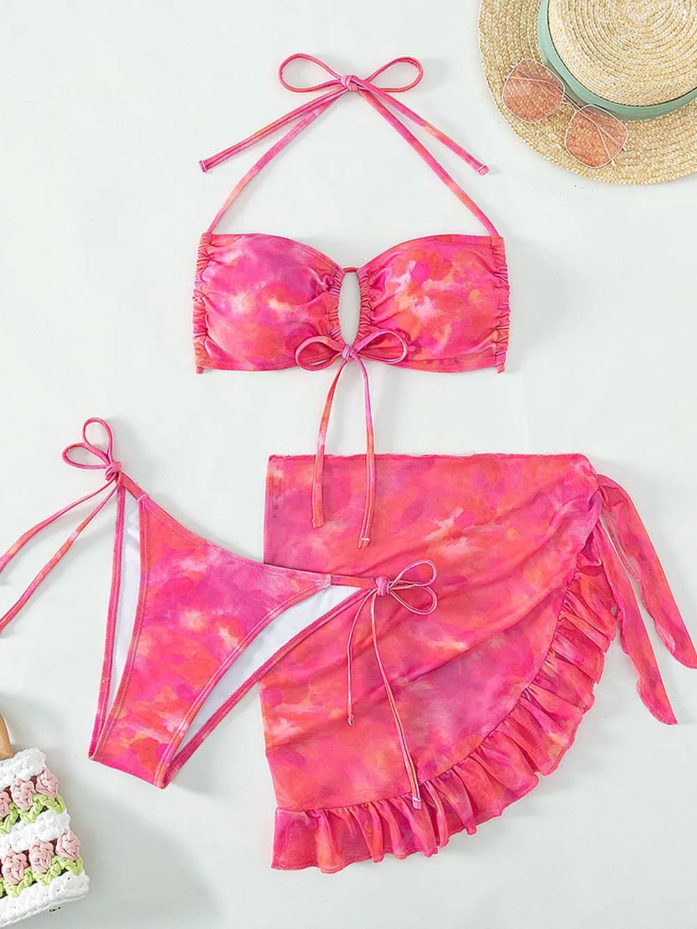Women Pink Sexy 3 Piece Pink Bikini Set Ladies