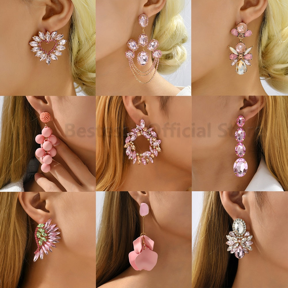Pink Luxury Crystal Drop Earrings For Women