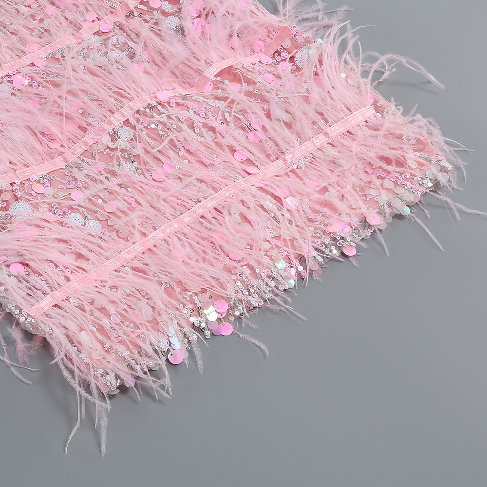Sexy Strapless Ostrich Feathers Sequins Dress