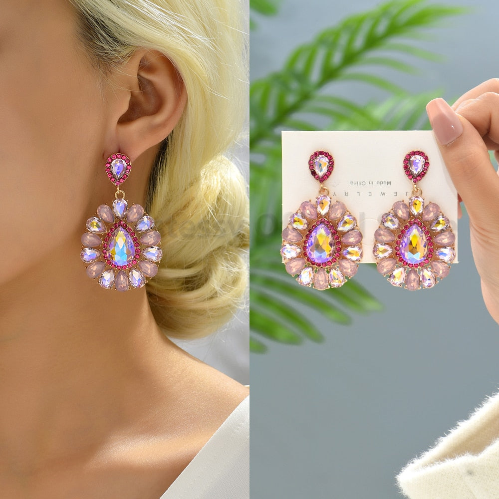 Pink Luxury Crystal Drop Earrings For Women