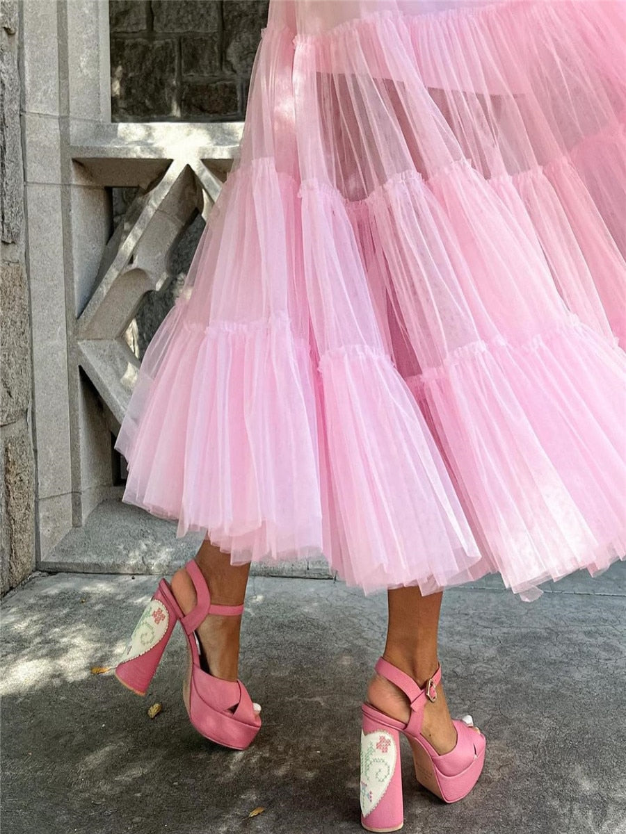 Women Mesh Puffy Long Dress