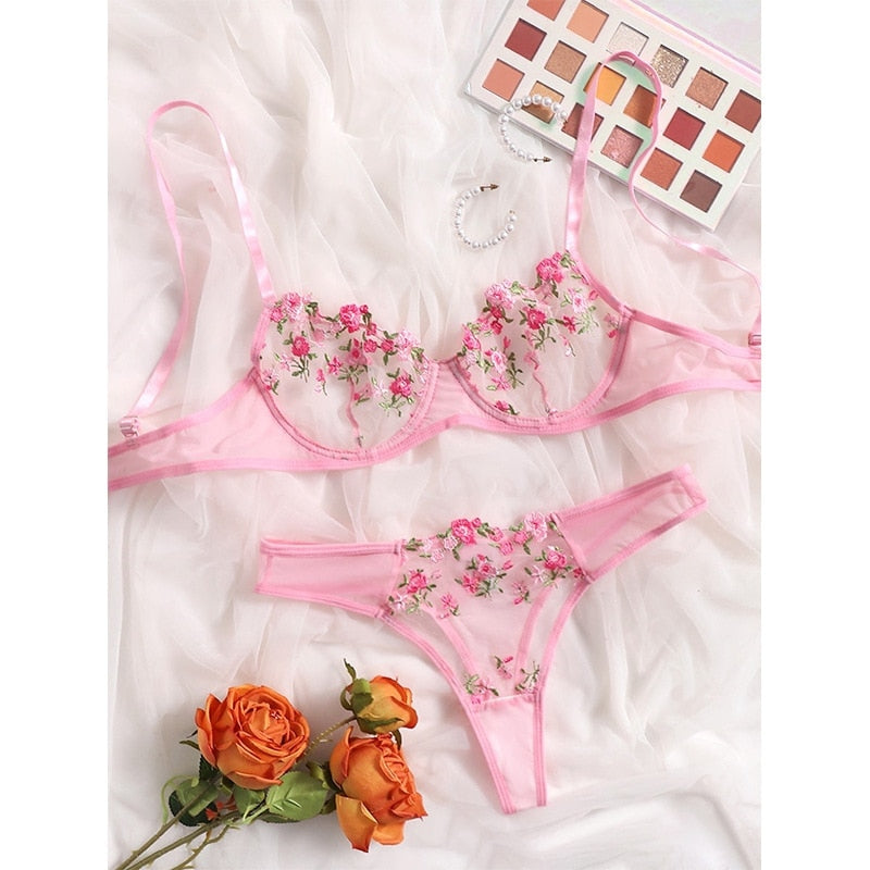 Floral Embroidery Low Waist Lace Transparent Lingerie Set