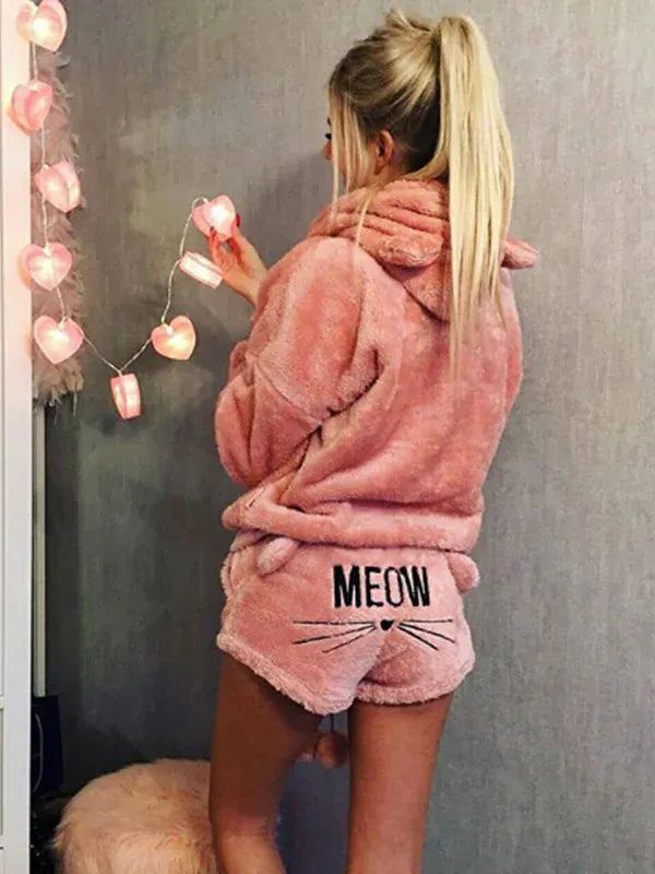 Rachymack 1 Pink / S Cute Cat Meow Coral Velvet Pajamas Set β Warm Hoodie & Shorts Sleepwear for Women