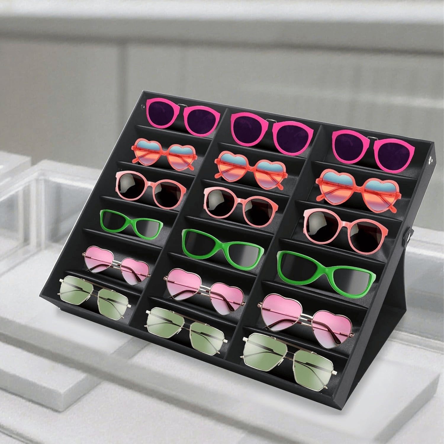 Rachymack 18 Slot Sunglasses Organizer,Sunglasses Display Case,Glasses Storage Case,Multiple Eyeglasses Holder Display Tray,Eyewear Cases with Lid for Stores,Offices,Homes (Black)
