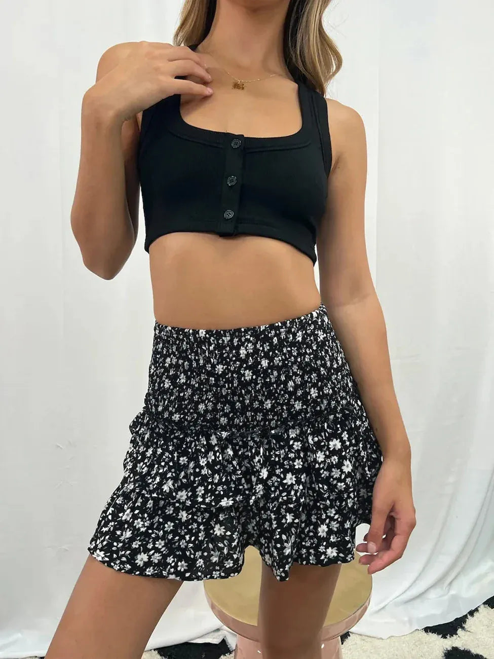 Rachymack Black Flower / XL Printed Fashionable Floral High Waist Short Skirts For Women