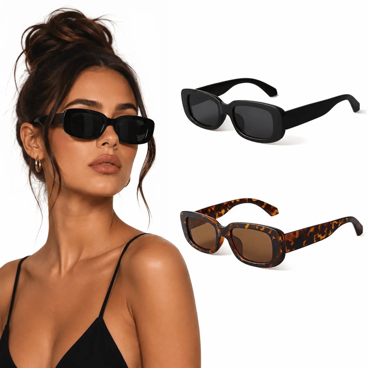 Rachymack Black / Leopard Print Rectangle Sunglasses for Women Retro Driving Glasses - 90S Vintage Narrow Square Frame - Aesthetic Fashion Eyewear for Streetwear & Travel