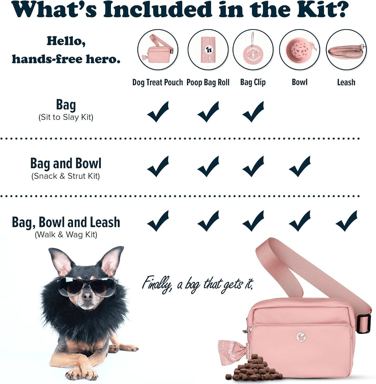 Rachymack Blush Pink 3-In-1 Crossbody Dog Treat Pouch for Pet Training - Compostable Poop Bags, Built-In Poop Bag Dispenser, Slow-Feeding Travel Dog Bowl & Reflective Leash - Dog Walking Bag (Blush Pink)