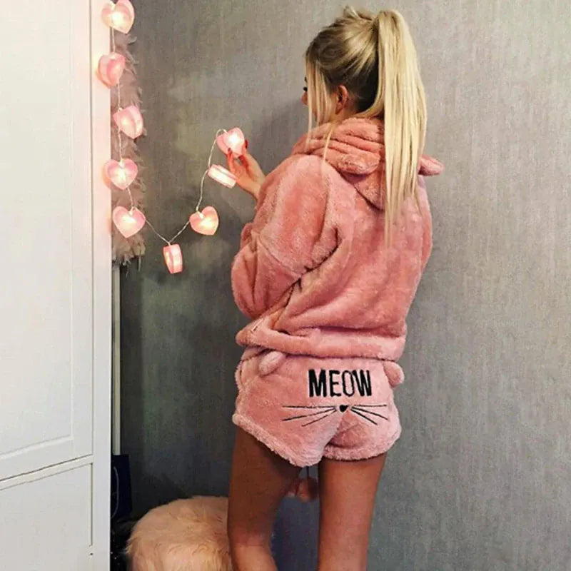 Rachymack Cute Cat Meow Coral Velvet Pajamas Set – Warm Hoodie & Shorts Sleepwear for Women