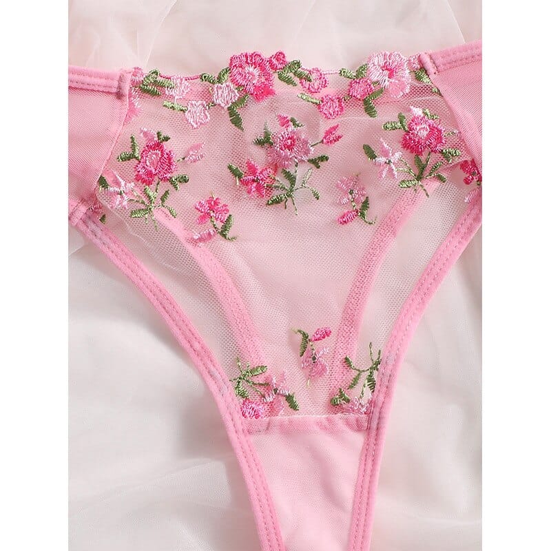 Rachymack Floral Embroidery Low Waist Lace Transparent Lingerie Set