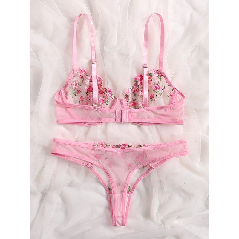 Rachymack Floral Embroidery Low Waist Lace Transparent Lingerie Set