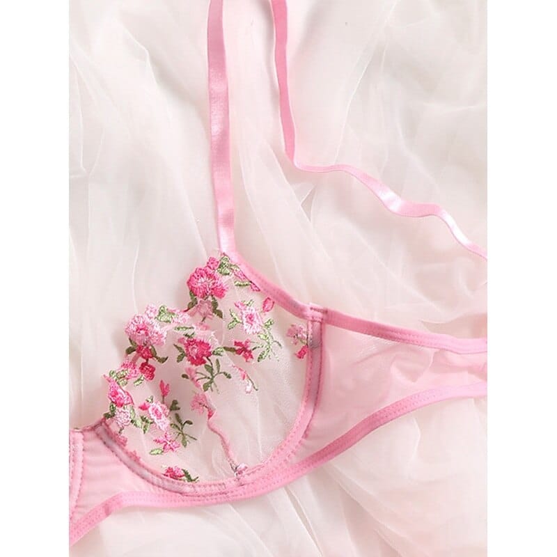 Rachymack Floral Embroidery Low Waist Lace Transparent Lingerie Set