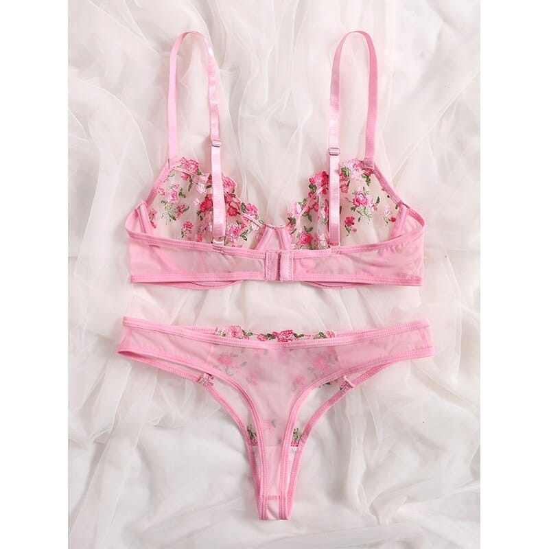 Rachymack Floral Embroidery Low Waist Lace Transparent Lingerie Set