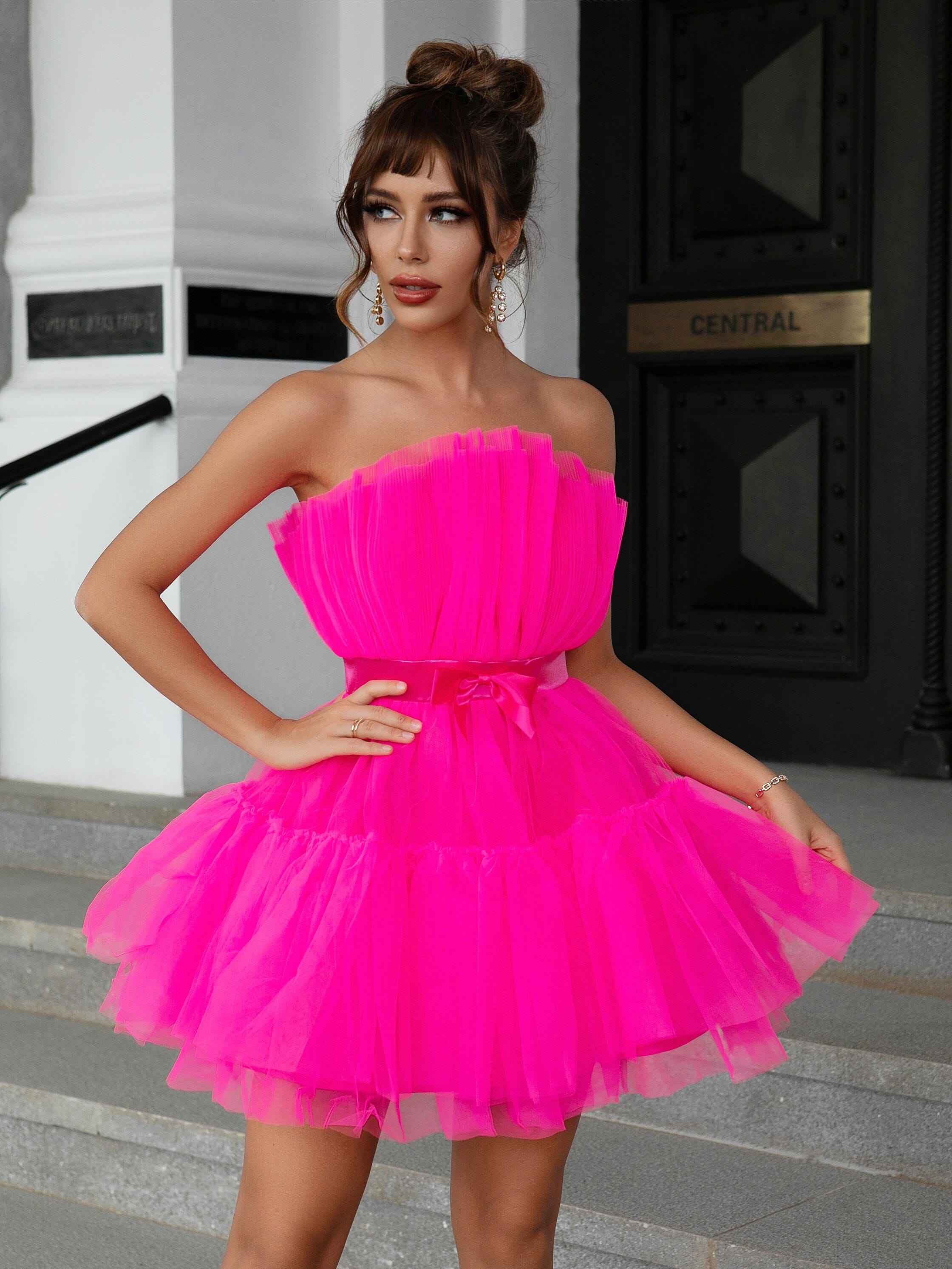 Rachymack Mesh Solid Pink Ruched Halloween Dress