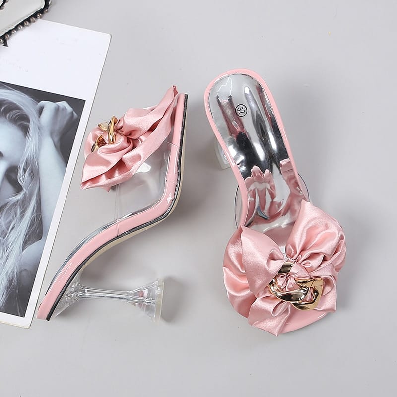 Rachymack Pink Butterfly-knot Designer Sandals Clear Heels