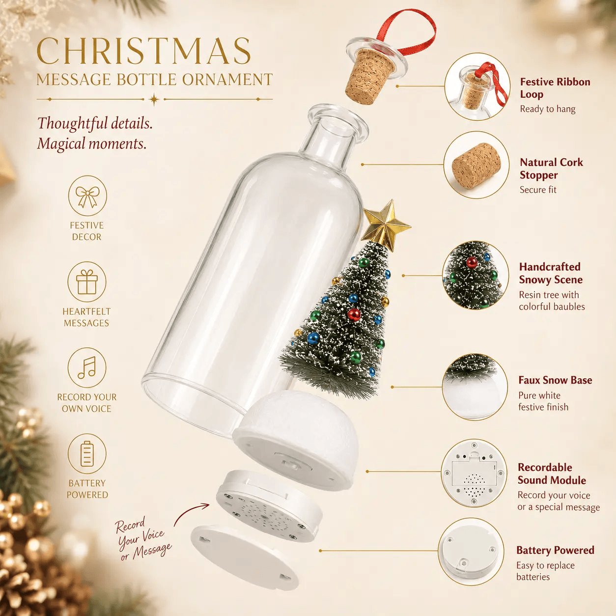 Rachymack Recordable Christmas Message in a Bottle Ornament 8 Inch Voice Recording Holiday Keepsake with Playback Snowy Christmas Tree Scene Glass Bottle Decoration for Tree Home and Gift