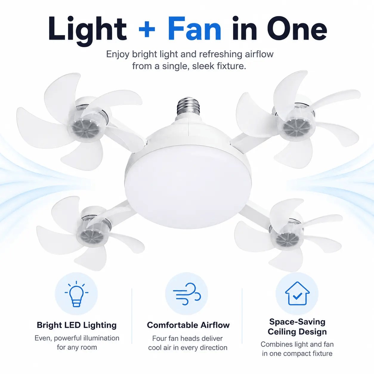 Rachymack Ruxacty Screw in Ceiling Fan Light with Remote Control 19.7 Inch Foldable LED Socket Fan Light E26 Medium Base Ceiling Fan with 4 Fan Blades Quiet Airflow Bright Lighting Easy Installation for Bedroom Kitchen Garage Office and Dorm