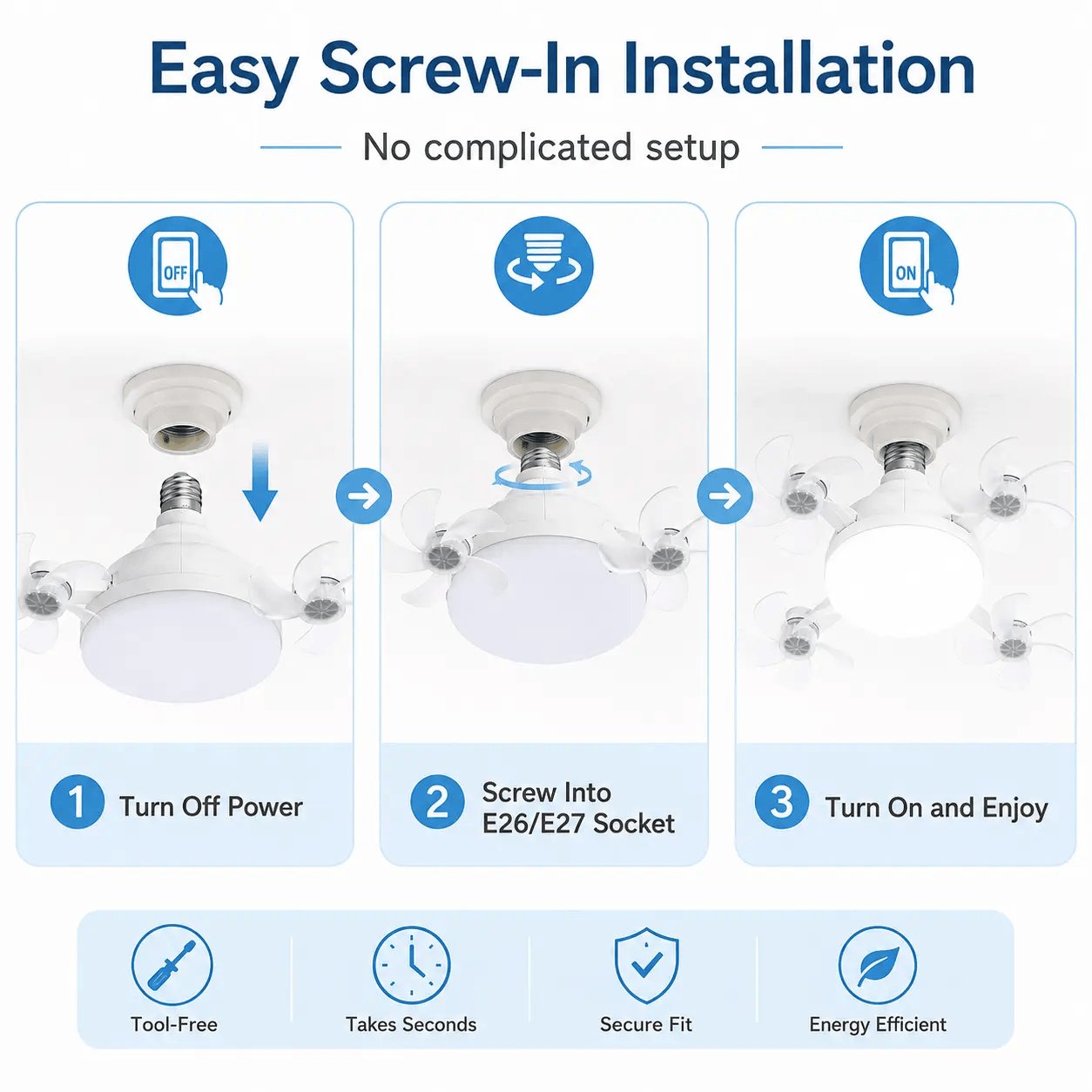 Rachymack Ruxacty Screw in Ceiling Fan Light with Remote Control 19.7 Inch Foldable LED Socket Fan Light E26 Medium Base Ceiling Fan with 4 Fan Blades Quiet Airflow Bright Lighting Easy Installation for Bedroom Kitchen Garage Office and Dorm