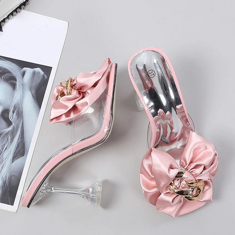 Rachymack Pink Butterfly-knot Designer Sandals Clear Heels