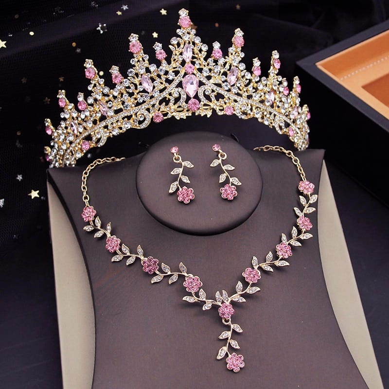 Rachymack Pink Crown Set Gorgeous Crystal Tiaras Bridal Jewelry Sets