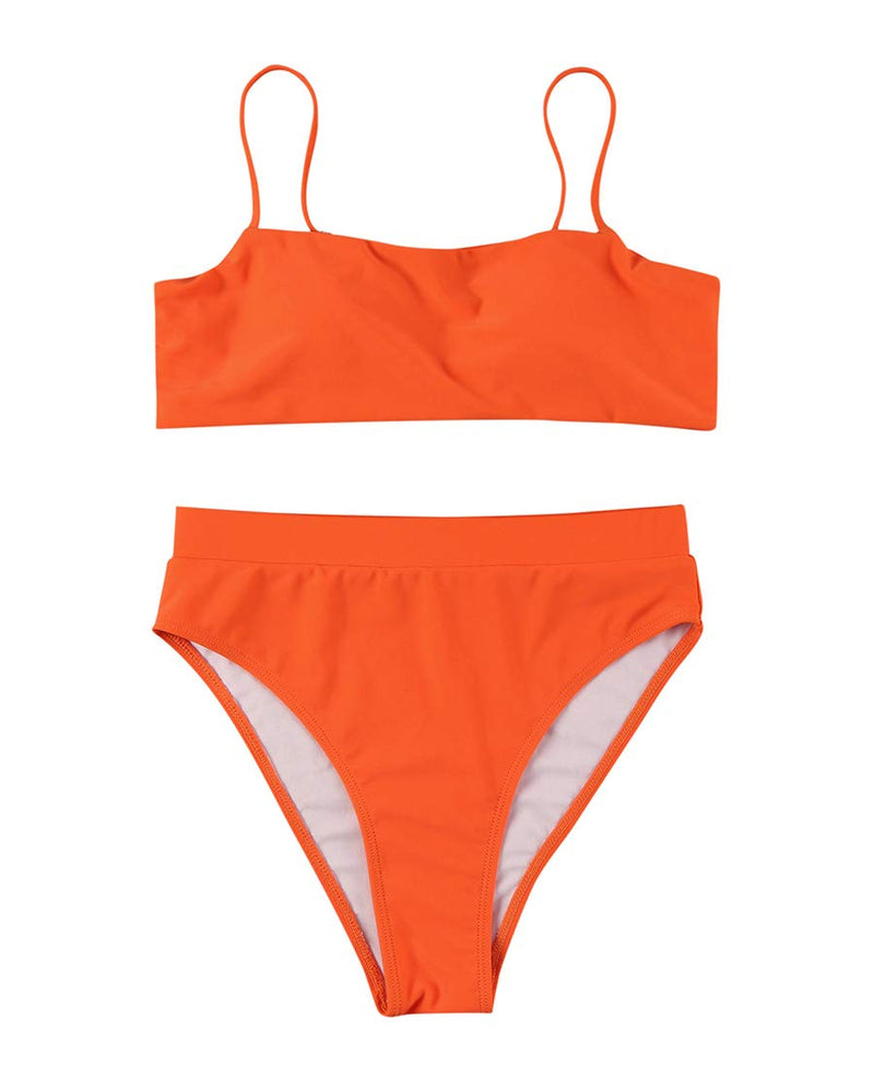 MOSHENGQI Sexy Push up Bikini Sets High Waist Swimsuits for Women Spaghetti Straps (Small, Orange)