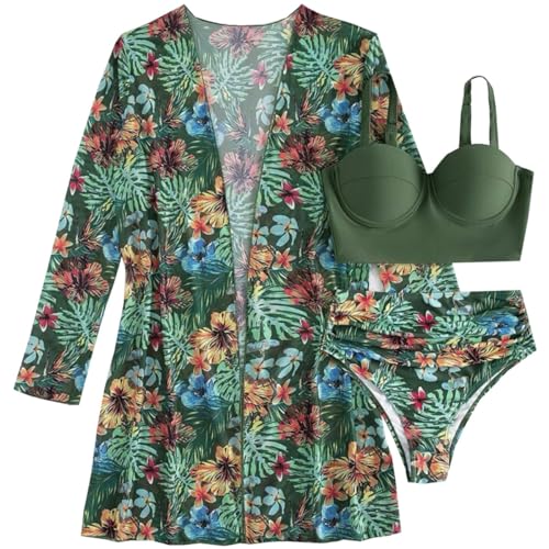 3 Piece Floral Printed Push Up Bikini Set