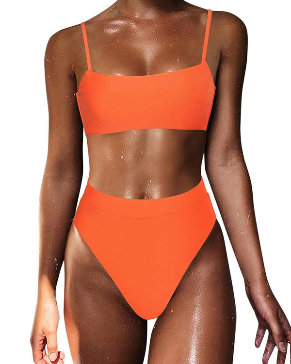 MOSHENGQI Sexy Push up Bikini Sets High Waist Swimsuits for Women Spaghetti Straps (Small, Orange)