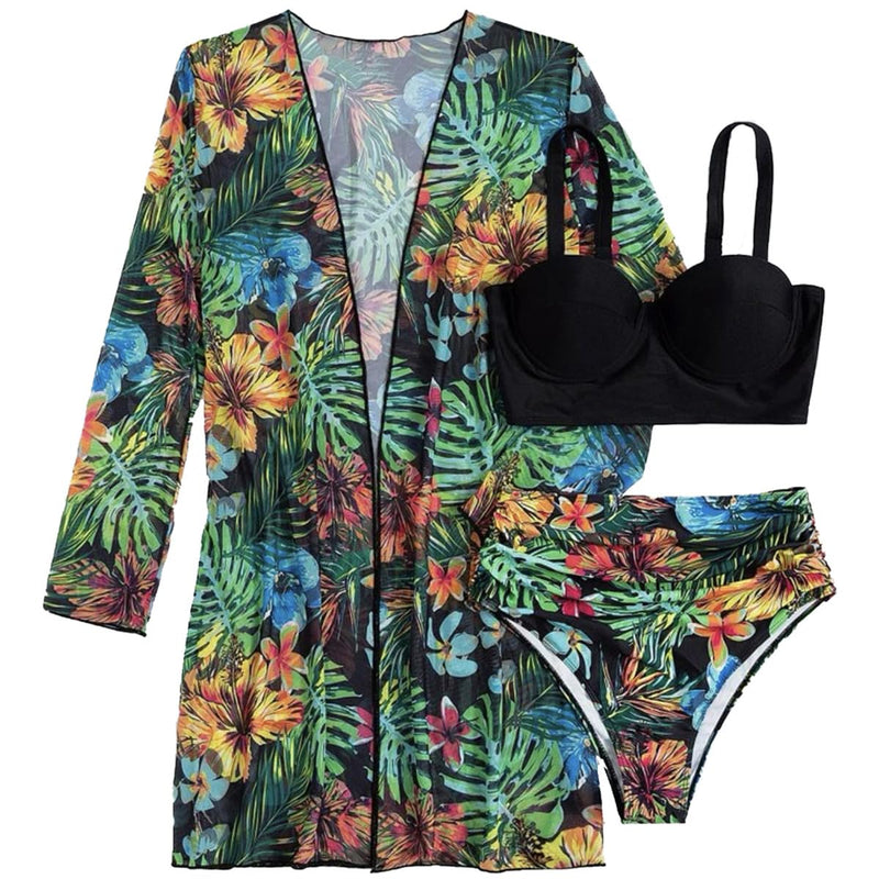 3 Piece Floral Printed Push Up Bikini Set