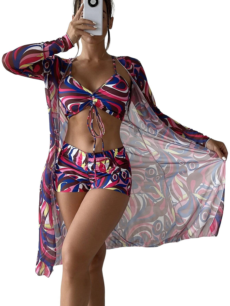 Women's Swimsuit Printed Ruched Long Sleeve