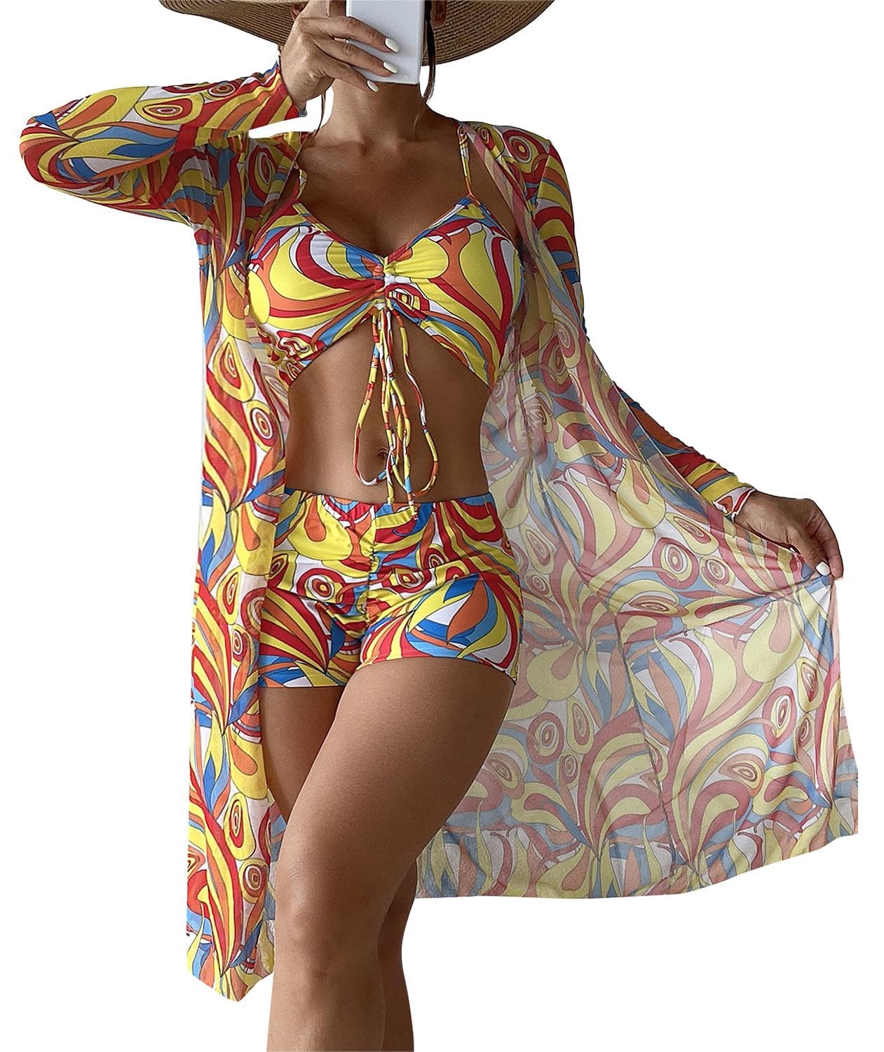Women's Swimsuit Printed Ruched Long Sleeve