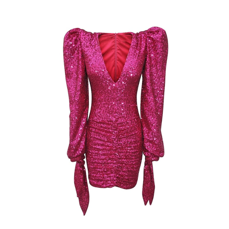 Pleated Sexy Pink Deep V Sequin Dress