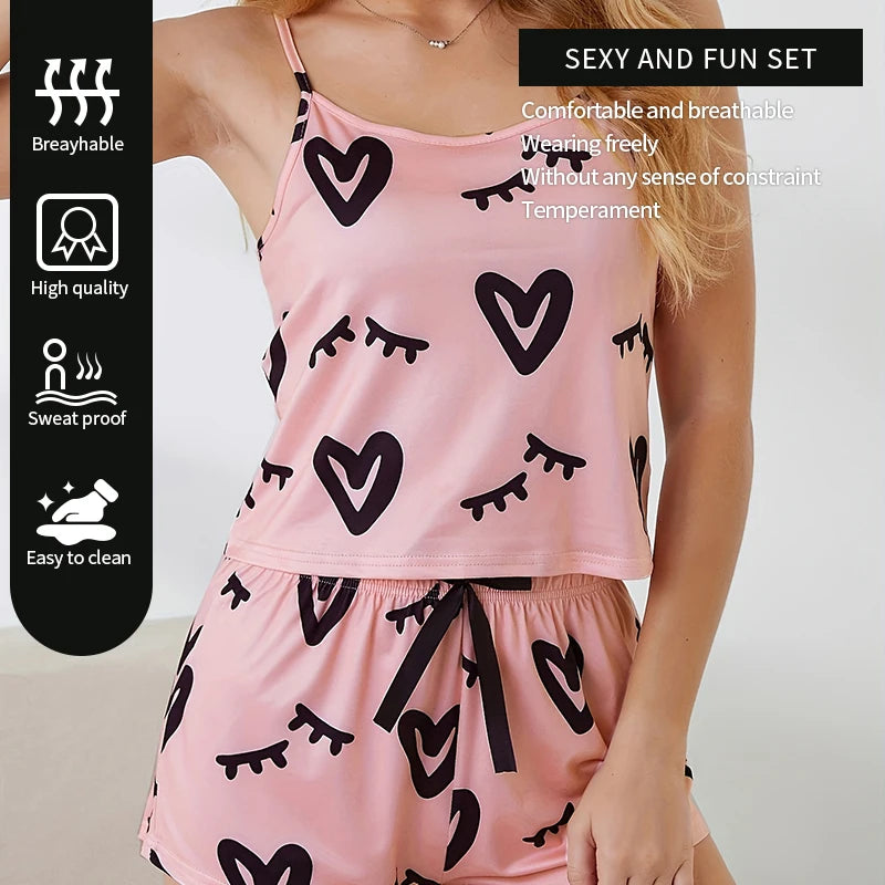 Sexy Pink Print Pajama Set – U-Neck Sleeveless Top & Bow Shorts for Women