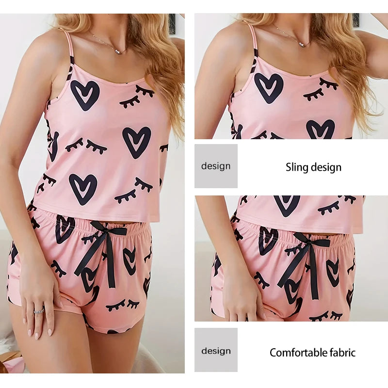 Sexy Pink Print Pajama Set – U-Neck Sleeveless Top & Bow Shorts for Women