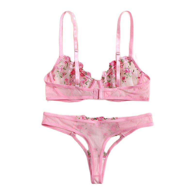 Floral Embroidery Low Waist Lace Transparent Lingerie Set