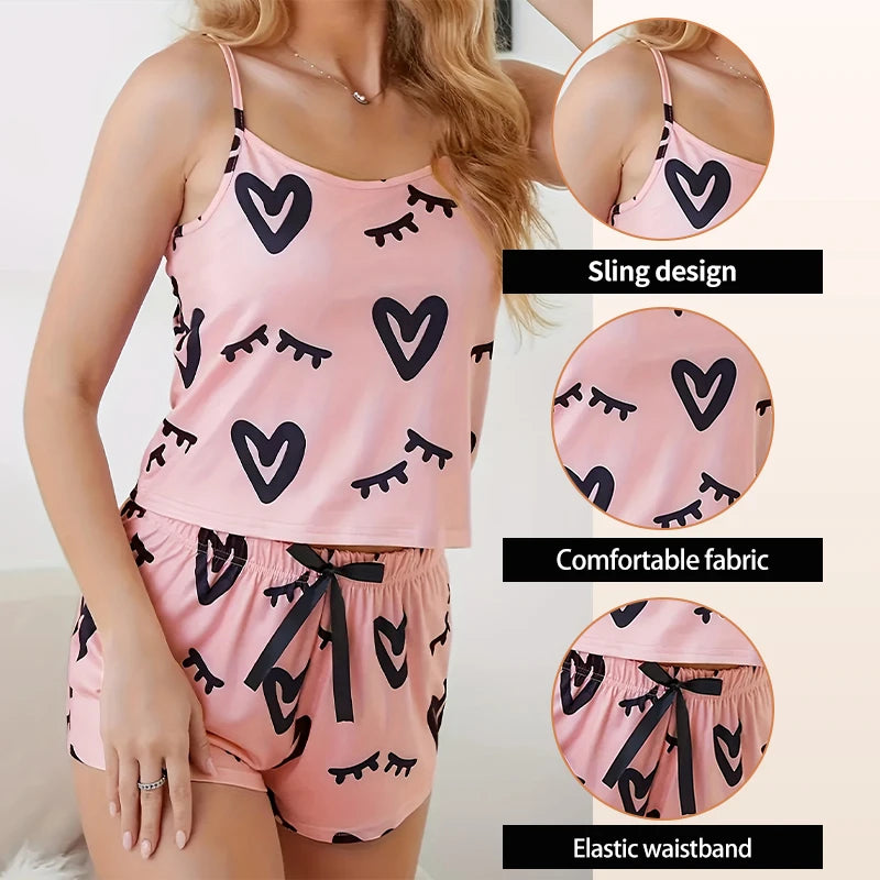 Sexy Pink Print Pajama Set – U-Neck Sleeveless Top & Bow Shorts for Women