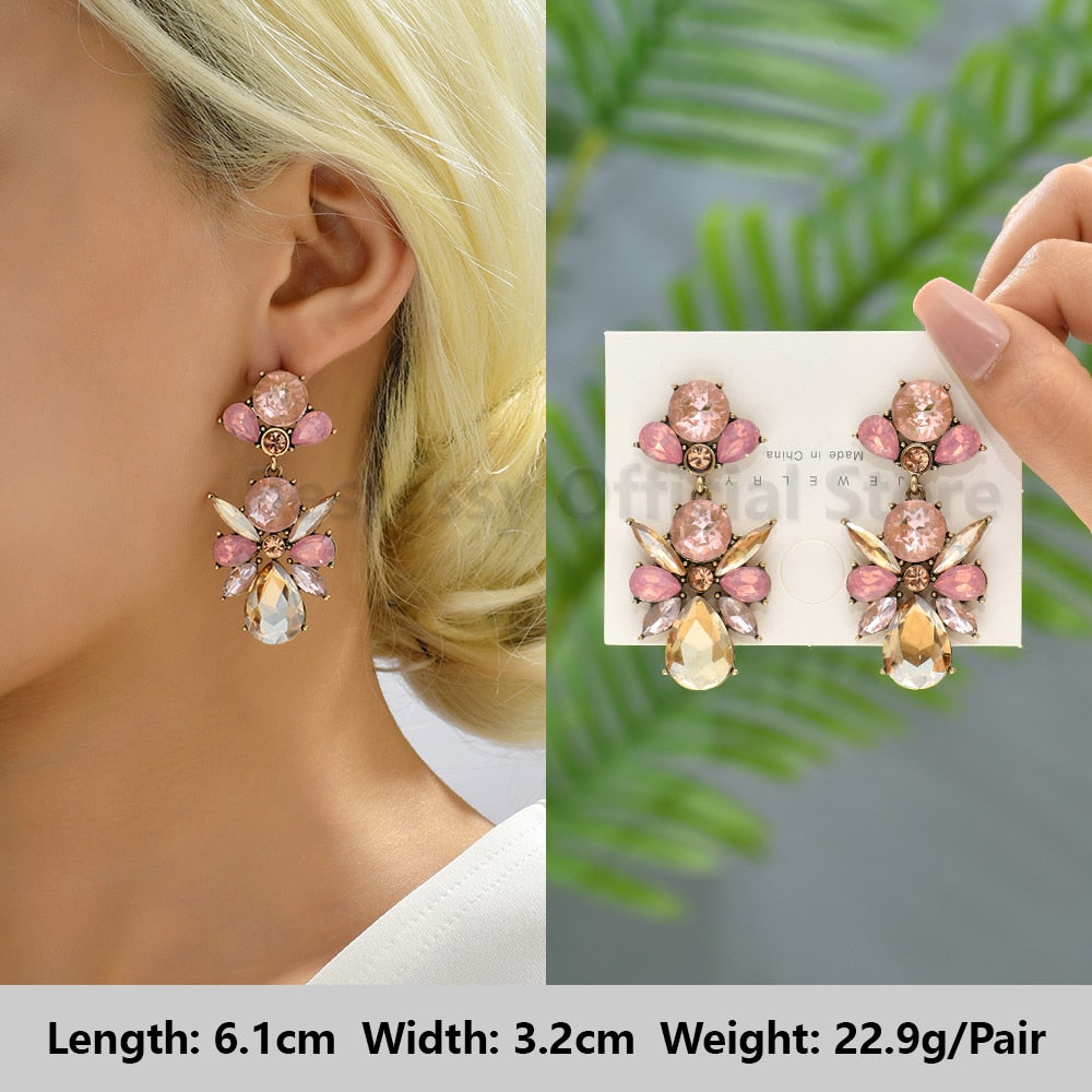 Pink Luxury Crystal Drop Earrings For Women