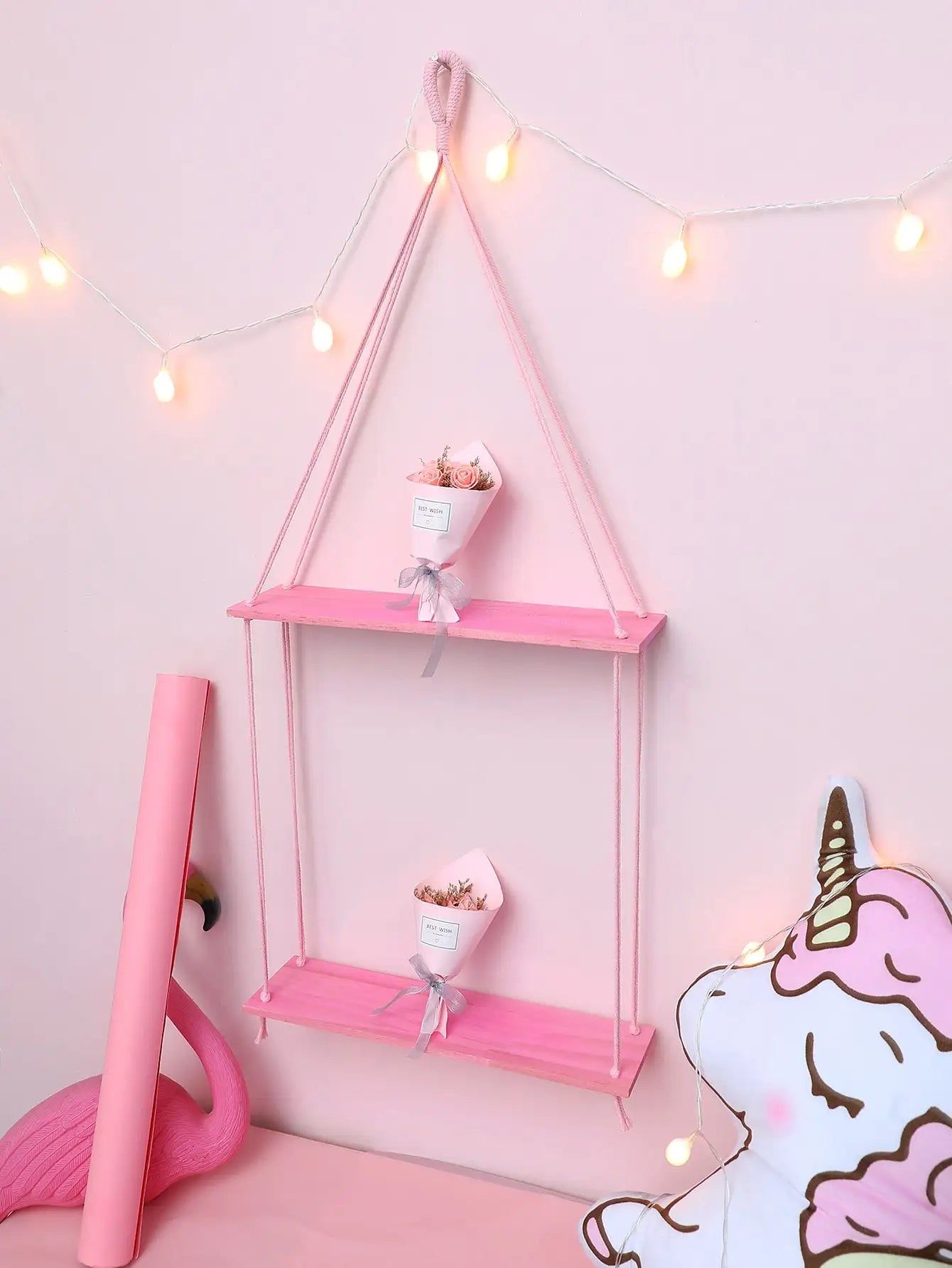 Pink Hemp Rope Floating Wall Shelf