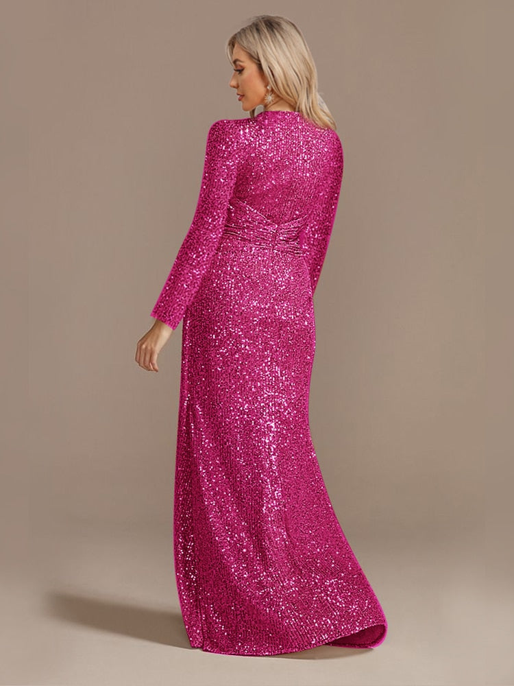 Long Sleeve V-Neck Evening Dress