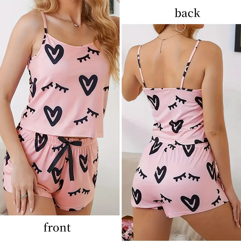 Sexy Pink Print Pajama Set – U-Neck Sleeveless Top & Bow Shorts for Women