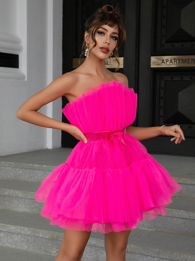 Mesh Solid Pink Ruched Halloween Dress