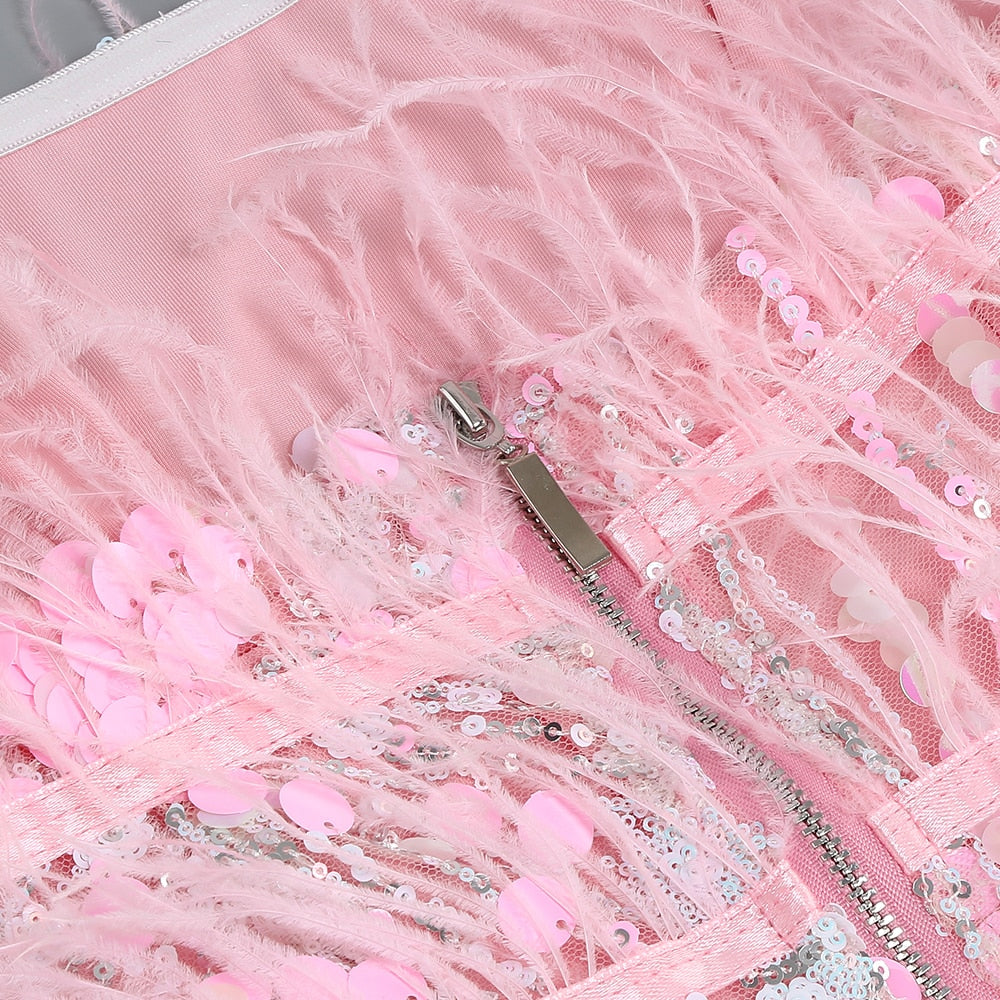 Sexy Strapless Ostrich Feathers Sequins Dress