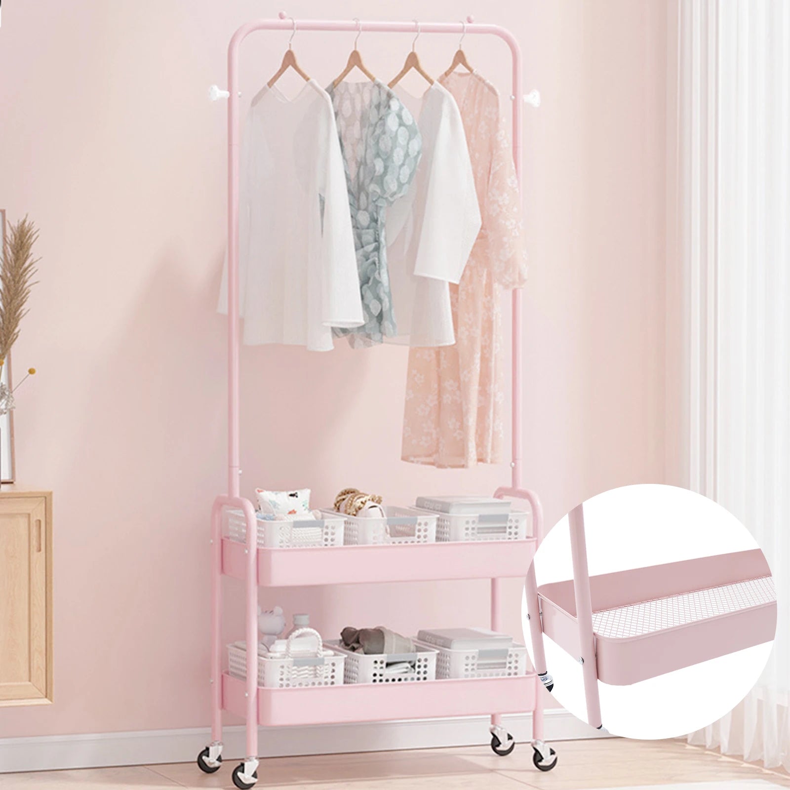 2-in-1 Pink Rolling Garment Rack