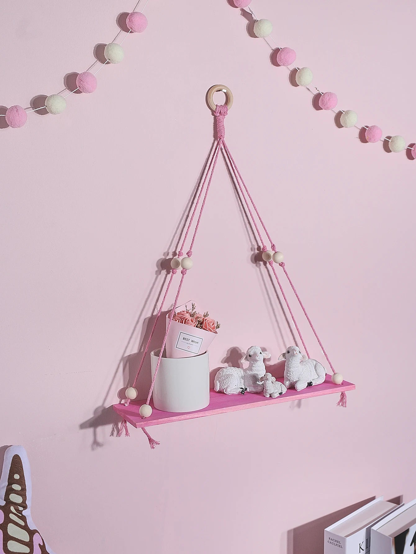 Pink Hemp Rope Floating Wall Shelf