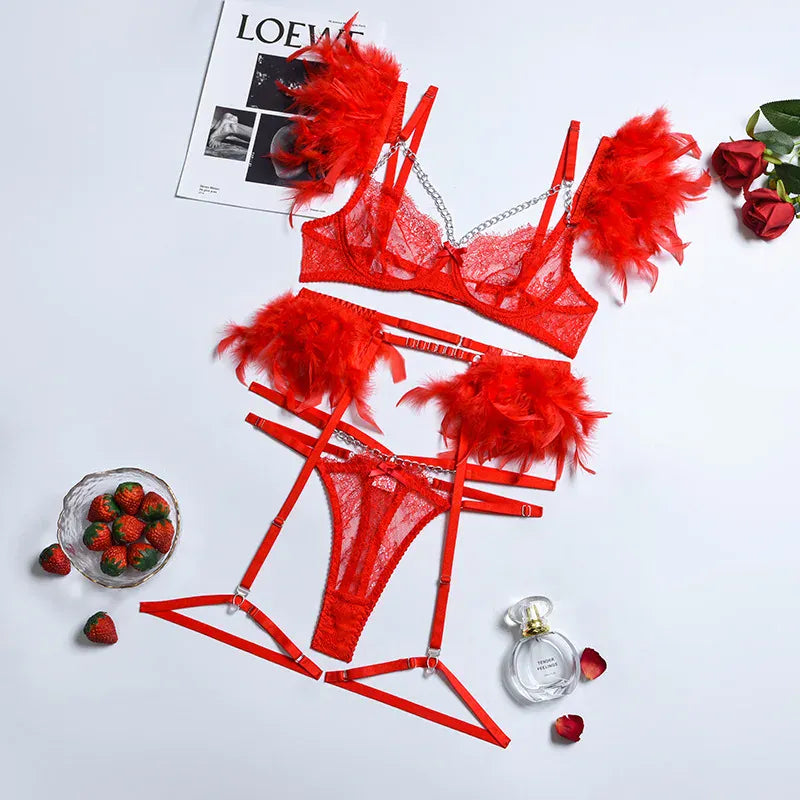 Rachymack red / S Lace Feather Exotic Set: Sexy Lingerie Trio
