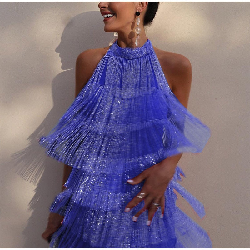 S Tassel Backless Mini Dresses