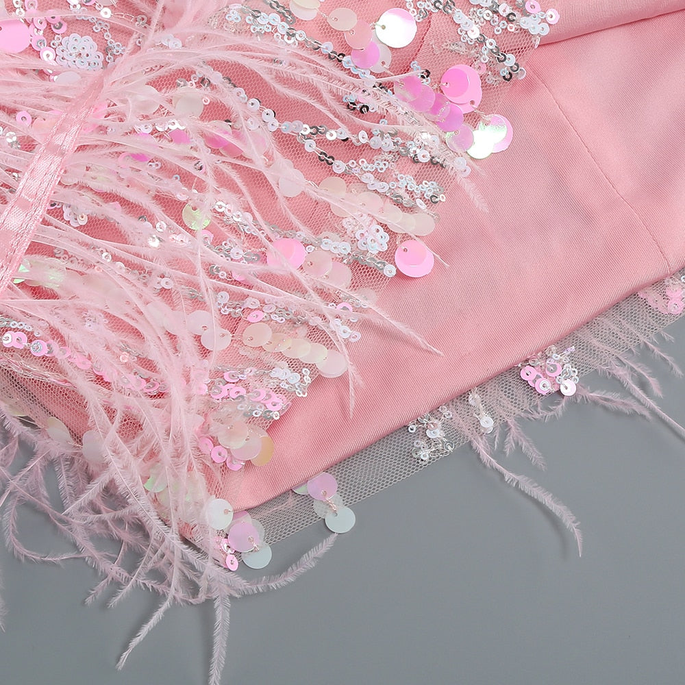 Sexy Strapless Ostrich Feathers Sequins Dress