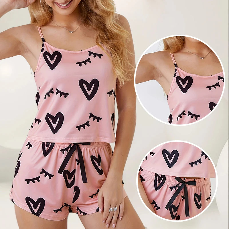 Sexy Pink Print Pajama Set – U-Neck Sleeveless Top & Bow Shorts for Women