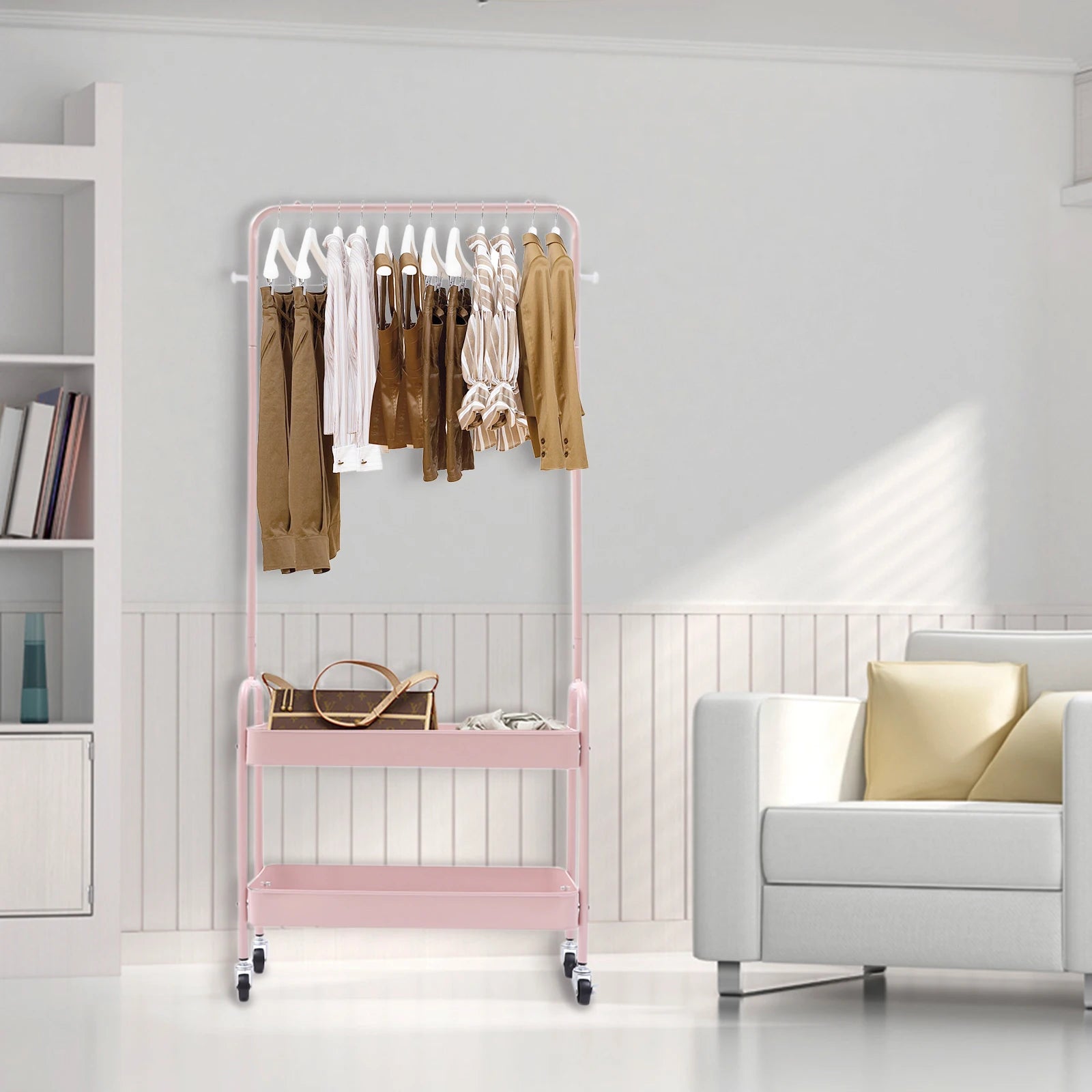 2-in-1 Pink Rolling Garment Rack