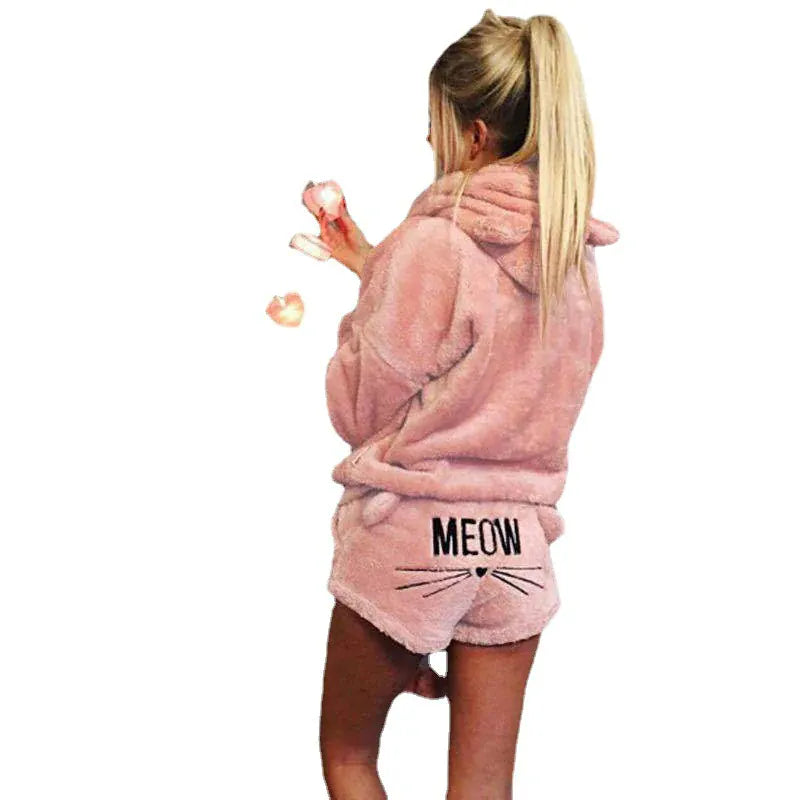 Rachymack 14 Light pink / S Cute Cat Meow Coral Velvet Pajamas Set – Warm Hoodie & Shorts Sleepwear for Women