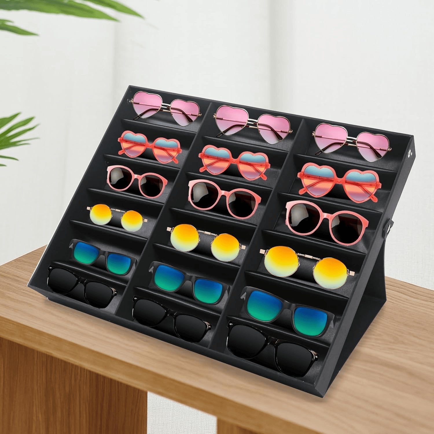 Rachymack 18 Slot Sunglasses Organizer,Sunglasses Display Case,Glasses Storage Case,Multiple Eyeglasses Holder Display Tray,Eyewear Cases with Lid for Stores,Offices,Homes (Black)