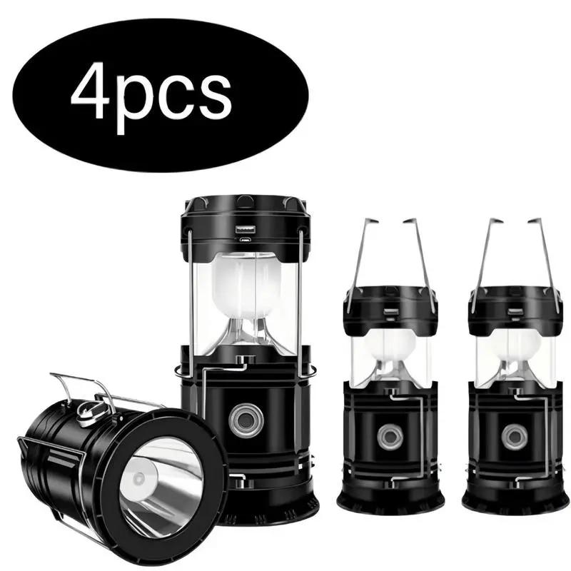 Rachymack Black 4 Pack 4-Pack Collapsible Portable LED Camping Lantern Lightweight Waterproof Solar USB Rechargeable Flashlight for Indoor/Outdoor Emergency Use